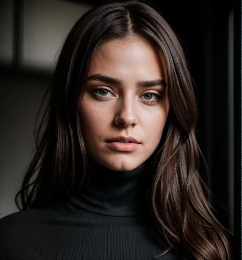 A stunning intricate full color portrait of (sks woman:1), wearing a black turtleneck, epic character composition, realistic, sharp focus, natural lighting, subsurface scattering, f2, 35mm, film grain, hair brown, sharp, 8k, HD