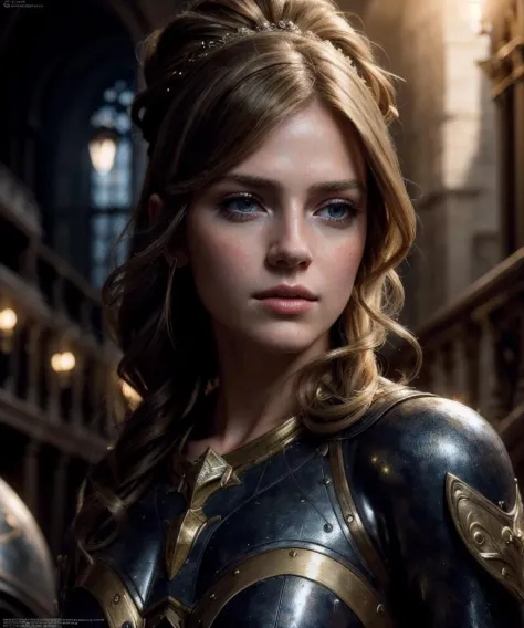 girl, (masterpiece, best quality, high resolution:1.4), beauty face, armor gold, skin pores texture, sharp, Hair blonde, HD , Photography, movie, cinematic, full Body, Realistic, (8k, RAW photo, best quality, masterpiece:1.2), (realistic, photo-realistic:1.33), castle, moon,