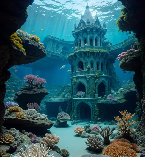 The palace of the underwater world is built on the mountain, and a huge stone lion guards in front of the palace, showing the ma...