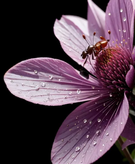 (flower petal), (macro lens), (ant body), (antennae), (legs), (pollen), (dewdrops), (shimmer), (visual experience).(Best Quality...