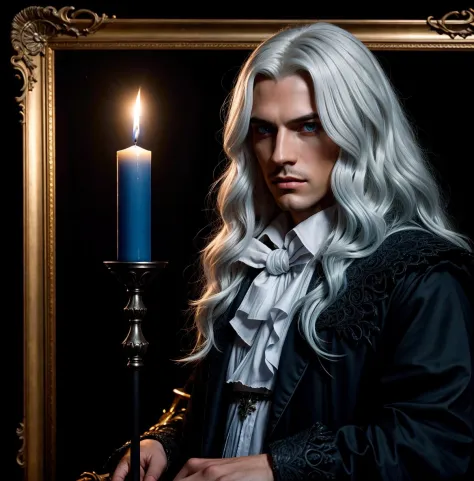 8k portrait of beautiful with white blue gradient hair, intricate1man, handsome man, portrait upper body of alucard castlevania ...