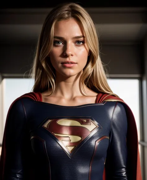 supergirl, hair blonde, skirt red, cape red, (Realistic),masterpiece,best quality,cinematic lighting,natural shadow,looking at v...
