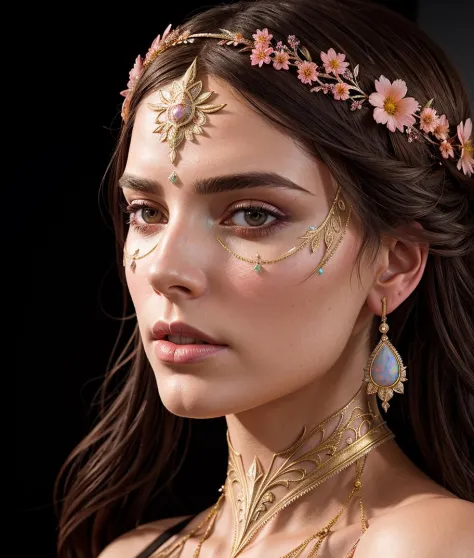 (symmetry:1.1) (portrait of floral:1.05) a woman as a beautiful goddess, (assassins creed style:0.8), pink and gold and opal col...