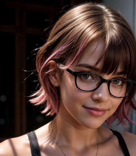 (Realistic),masterpiece,best quality,cinematic lighting,natural shadow,looking at viewer,Worm's Eye View,edgCorset,1girl,photo of a cute girl,full body,light smile,charming,20yo,glasses,Side-swept bangs Hair.Hair between eyes,Hot pink hair,Lace-up,Inlay,Raw photo,8k,uhd,dslr,soft,lighting,high quality,film grain,hyperrealismus,hyperrealistic,Atmospheric,Realistic Skin Texture,realistic hair details,ultra quality,best quality,Hyper Realism,