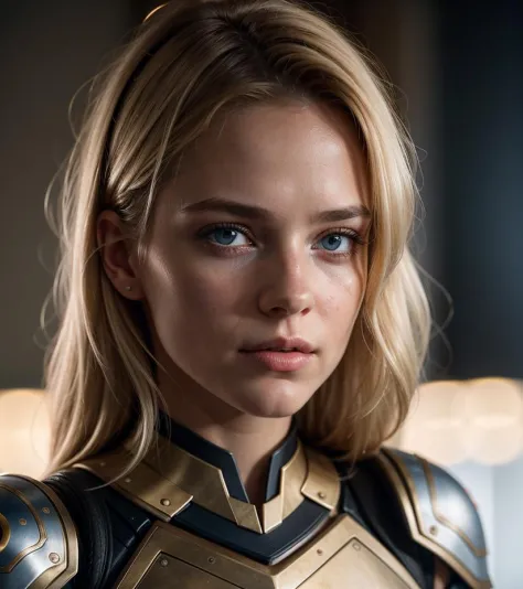 1girl, skin pores texture, Hair blonde short, HD , Photography, movie, cinematic, full Body armor red , blue and gold, hero, Realistic, (8k, RAW photo, best quality, masterpiece:1.2), (realistic, photo-realistic:1.33), best quality, cute,natural lighting, depth of field, film grain, wrinkled skin, sharp, detailed