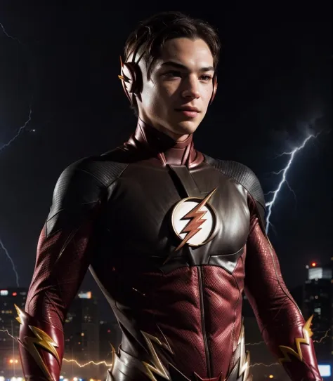 photo of Ezra Miller, the Flash , hero((masterpiece)), ((best quality)), (ultra-detailed), absurdres, extremely detailed CG unit...