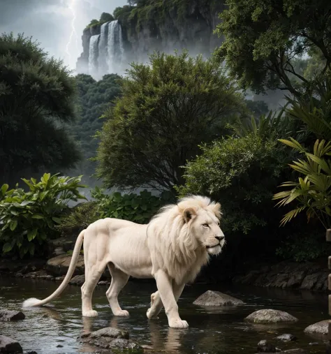 White lion, wet fur, heavy rain, on a riverbank, vibrantly colored vegetation in the environment, ultra detailed, intricate artw...