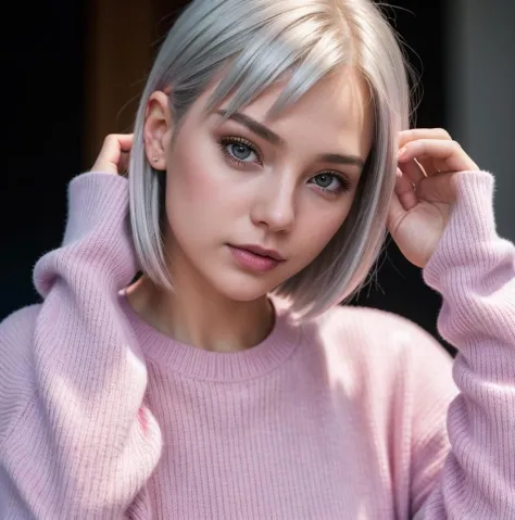 1girl, young:1.3 , hair silver short bob long, photo,8k,sharp focus, face beautiful, Best quality, masterpiece, ultra high res, (photorealistic:1.4), raw photo,  cinematic lighting, pullover shirt pink gradient blue