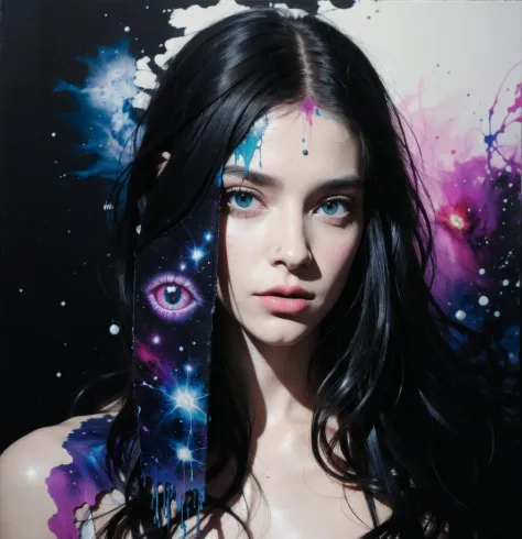 Una obra de arte abstracta de técnica mixta de una mujer extraña con ojos llamativos y cabello largo, ojos muy detallados,pecho mediano,(arte fino), (splashes and splatters of paint in nebulosa colors on the canvas 1.2),[grueso, Húmedo,Pintura brillante que gotea], Tinta, sombreado de lápiz, premiado, (composición perfecta),(nebulosa:0.5),(galaxia:0.5)