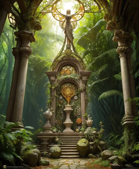(Cinematic Photo:1.3) of (Realistic:1.3),(Disgusting:1.3) ancient marble altar in fairy forest, random beautiful jungle, knotted...