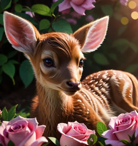 ultra-detailed CG art, adorable fawn surrounded by ethereal roses, pastels, glimmer bokeh, ethereal, best quality, highest resol...