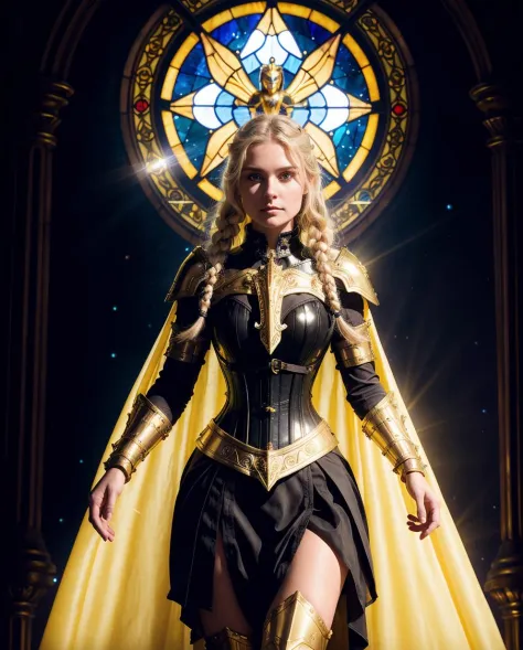 Architectural style upper body of paladin lady in ornate golden armor, black collar, pauldrons, breastplate, corset, glowing halo, single braid, blonde, yellow glowing eyes, bright pupils, eye focus, red cape, temple indoors, stained glass windows, night, moonlight, particles, light beam, chromatic aberration . Clean lines, geometric shapes, minimalist, modern, architectural drawing, highly detailed