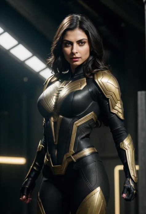 Morena Baccarin as a superhero, wearing sexy black and gold armor, glowing lights, (superhero pose), (hyper realistic:1.4), (rea...