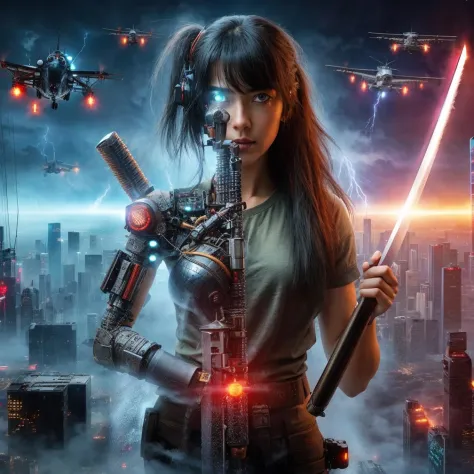 1girl, aircraft, black hair, bridge, building, city, city lights, cityscape, cloud, cyberpunk, cyborg, explosion, fireworks, gia...
