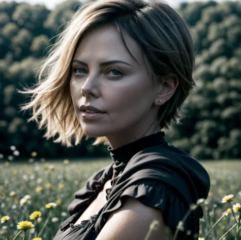 beautiful detailed face, black,(Charlize Theron:), in dress, flower meadow around soft light, sharp, exposure blend, medium shot...