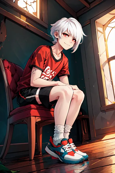 anime boy sitting on a chair in a room with a window