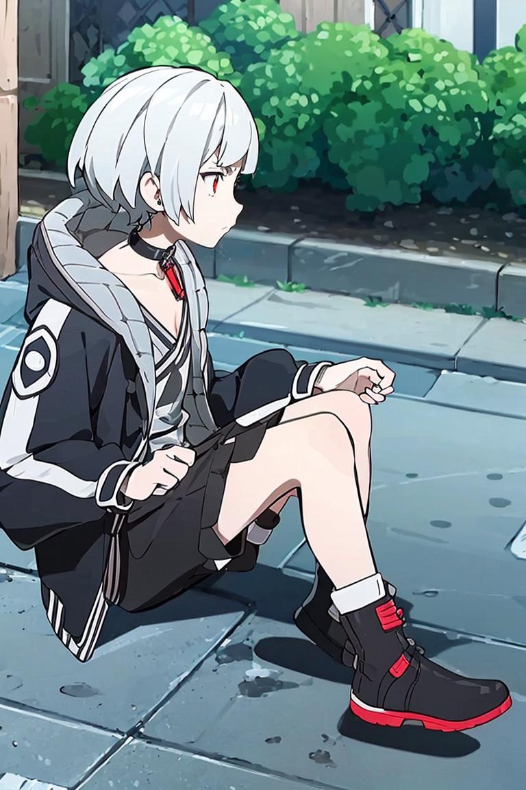 Anime character sitting on the sidewalk with his feet crossed - SeaArt AI