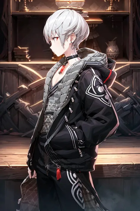 anime boy with white hair and black jacket standing in front of a stage