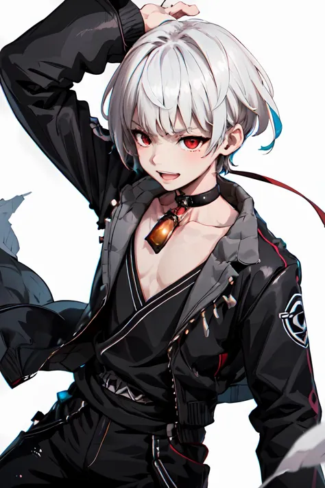 anime girl with white hair and black jacket posing for a picture