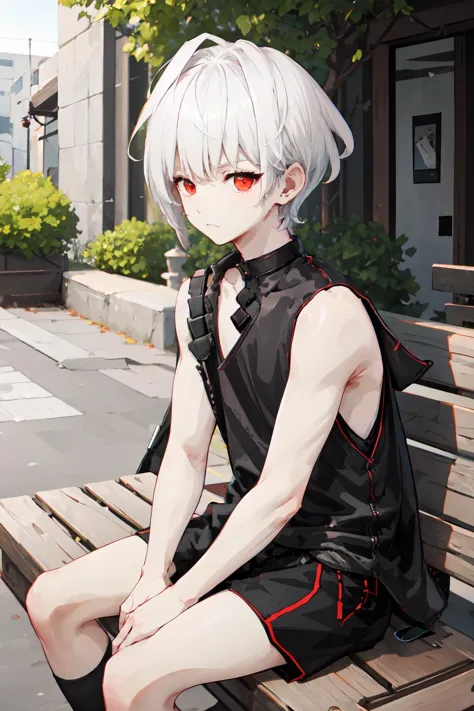 anime girl sitting on a bench in a city with a backpack