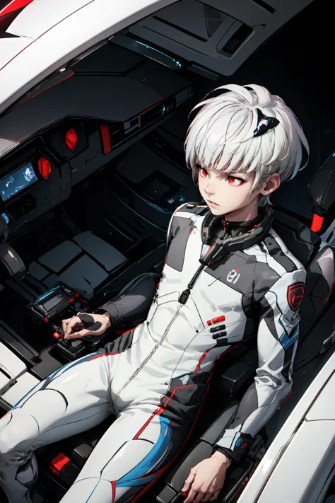 anime - style image of a man in a futuristic suit sitting in a car