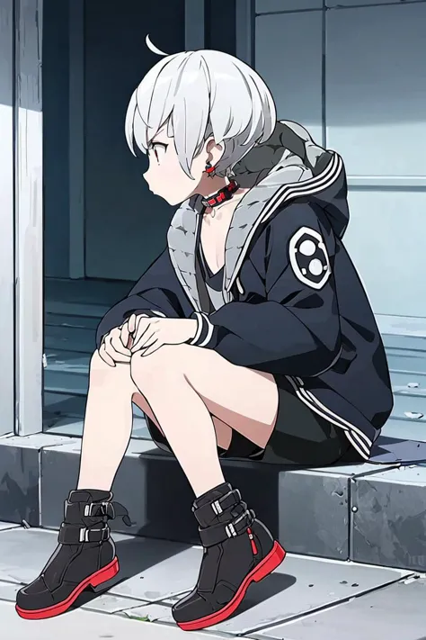 <lora:Alola_Style:0.65>, (best quality, masterpiece:1.5), (1boy, solo:1.1), <lora:e7Haste-07:.8>, hooded_jacket, choker, boots, shorts, white hair, short hair, profile, sitting down, serious, red jewelry