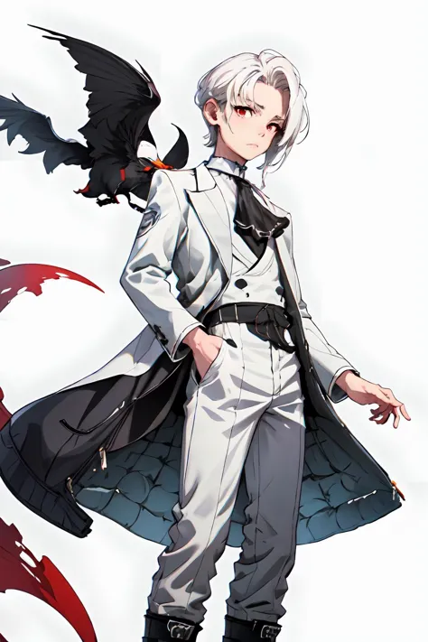 anime character with white hair and black wings standing in front of a white background