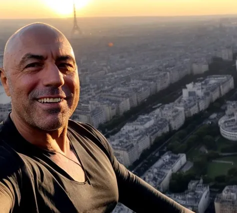 arafed man taking a selfie with a city in the background