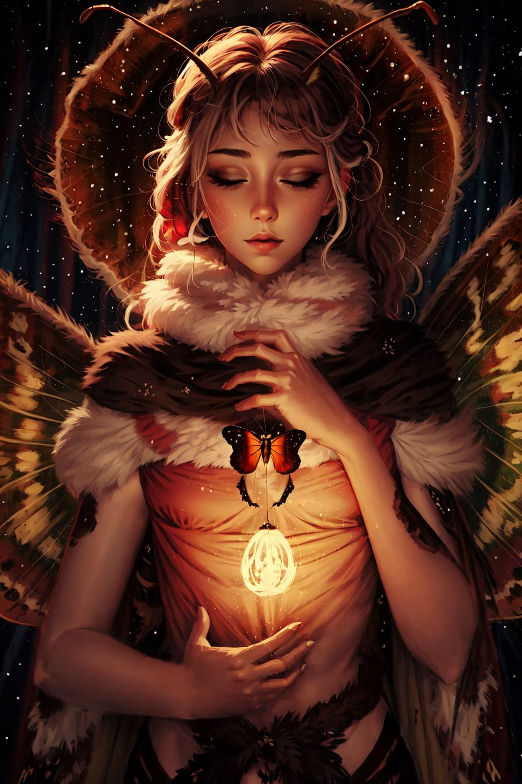 Highly detailed, High Quality, Masterpiece, beautiful, 1girl, nice hands, perfect hands, moth girl, moth wings, neck fur, antennae, starry, strry light, night, colorful, cloud, star \(sky\), 