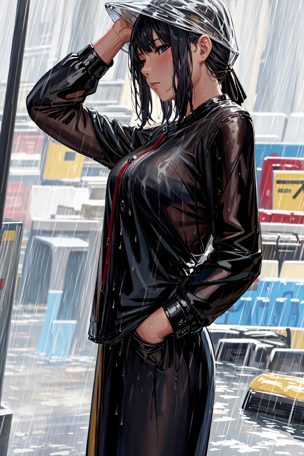 masterpiece, best quality, 1girl,rain, wet clothes,depth of field, on side