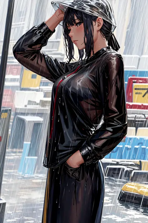 masterpiece, best quality, 1girl,rain, <lora:FP:0.8>,wet clothes,depth of field, on side