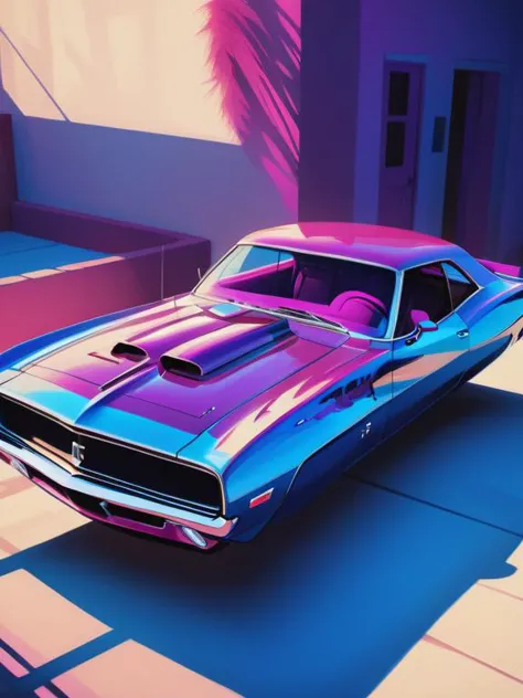 muscle car, nowheels, beautiful, strange, blue and magenta, creative, artistic, (vibrant light:1.4), (shadow detailed:1.2), (hig...