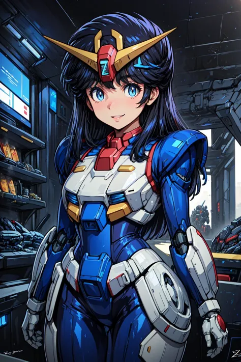 masterpiece,best quality,1girl,z-chan,blue eyes,black hair,long hair,(hair ornament,v-fin),mecha musume,bodysuit,fortified suit,mechanical parts,robot joints,full armor,robot,(gundam,zeta gundam:1.2),smile,(science fiction,scifi,sci-fi),cowboy shot,