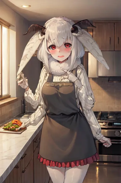 mashiro, white hair, medium hair, red eyes, extra arms, joints, fewer digits
BREAK black apron, red ribbed sweater, kitchen, war...