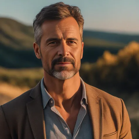 a man with a beard and a suit jacket standing in front of a mountain