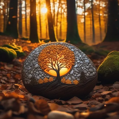 a close up of a rock with a tree on it in the woods