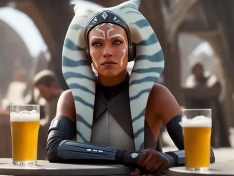 a woman in a star wars outfit sitting at a table with a glass of beer