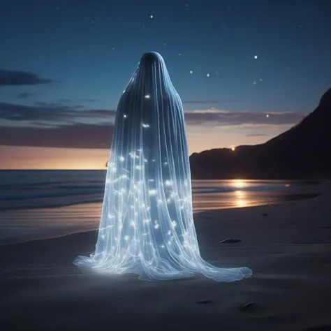 a woman in a veil standing on a beach at night