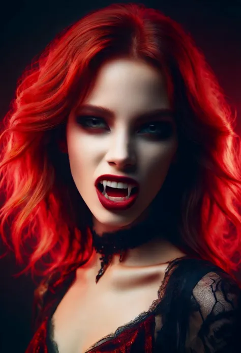 a woman with red hair and fangs on her face