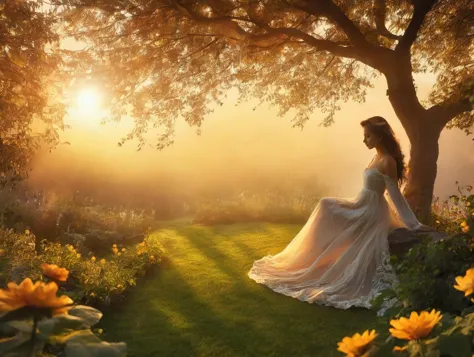 a woman in a white dress sitting on a bench in a field of flowers