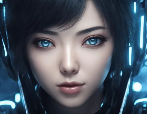 a close up of a woman with blue eyes and a futuristic suit