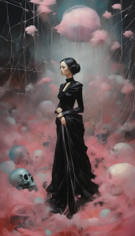 spiderwebs, skulls, wallpaper, there is ugliness in beauty, but there is also beauty in ugliness. desolate, abstract, surrealistic, cotton candy, swamp, funeral, futuristic,in the style of adrian ghenie, esao andrews, jenny saville, edward hopper, surrealism, dark art by james jean, takato yamamoto, inkpunk minimalism