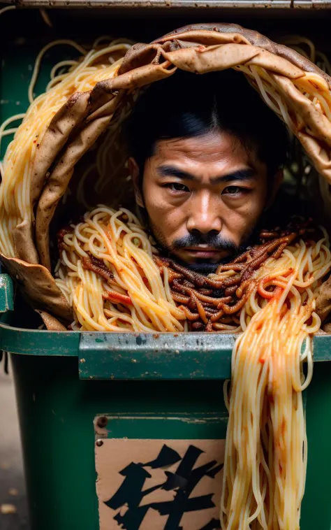 arafed man in a green trash can with noodles wrapped around his head