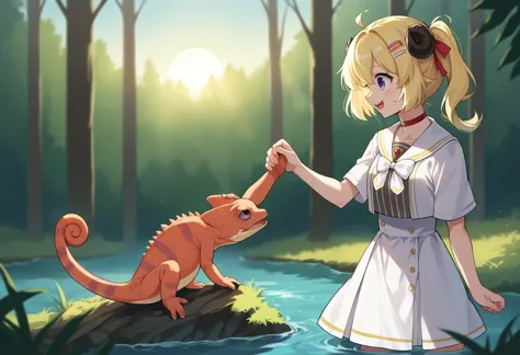 anime girl with a lizard in her hand and a girl in a dress