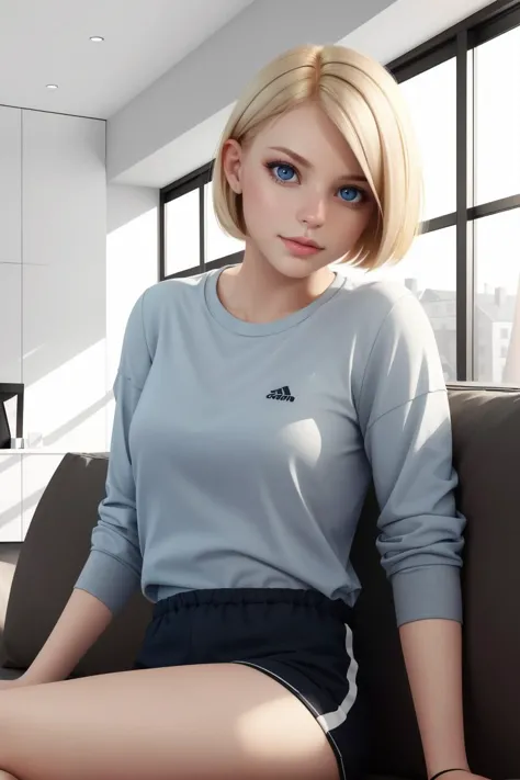 professional photo of a girl, blonde very short hair,
she is wearing sport casual clothing,
detailed skin, detailed eyes,
relaxing on couch, interior modern loft,
photo made with Canon EOS  in natural style photography,
popular on artstation, popular on deviantart, popular on flicker