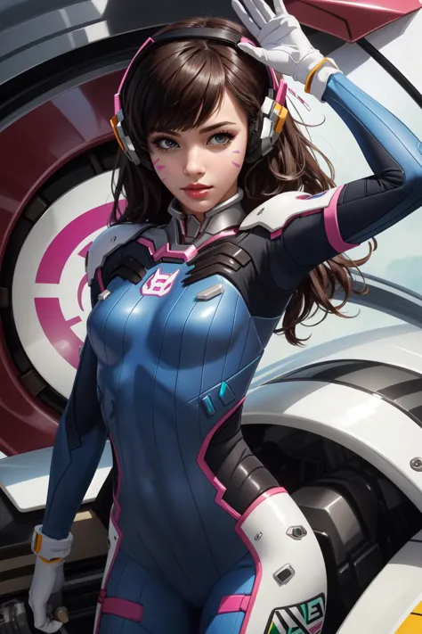 (masterpiece, best quality),  intricate details,
1girl,   1girl, d.va (overwatch), solo, long hair, whisker markings, bodysuit, brown hair, facial mark, gloves, breasts, brown eyes, pilot suit, cowboy shot, headphones, white gloves, medium breasts, swept bangs, skin tight, animal print, bangs, bunny print, ribbed bodysuit, facepaint, pink lips,