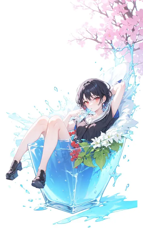 in container, 1girl, solo,short hair,red eyes,blue skirt,black hair,full body, sitting ,drinking glass,in drinking glass,looking...