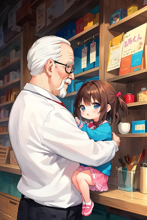 anime character holding a little girl in a library