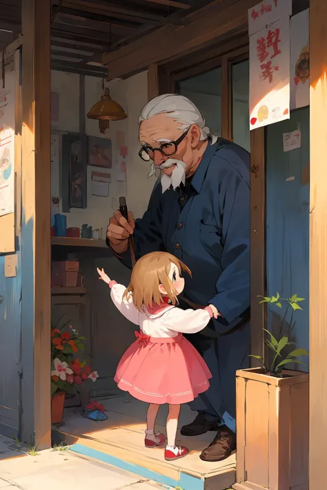 anime character with a little girl standing in front of a store