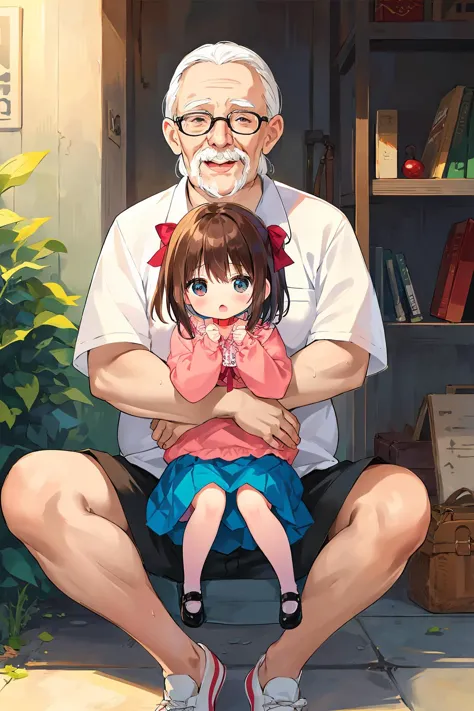 anime character of an older man and a young girl sitting on a porch